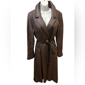 VTG Brown Leather Trench Coat Belted Contrast Trim Minimalist Chic Sz 16 Lined
